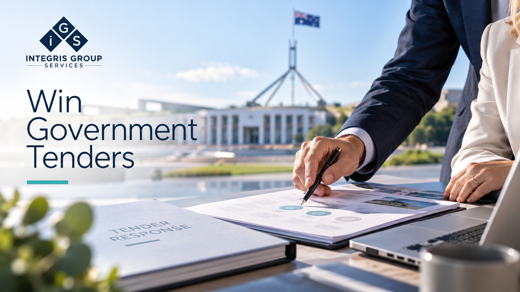 Government Tender Strategy Image illustrating a strategic approach to winning government tenders in Australia, featuring a person signing